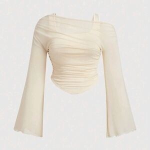 Plus Size 2 In 1 Asymmetrical Shoulder Sheer Mesh Knit Tee, Apricot Size 4XL